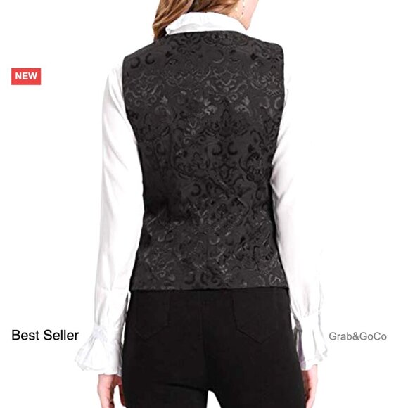 Vintage Steampunk Jacquard Waistcoat Vest Sleeveless Button Up Elegant Chic - Picture 6 of 6